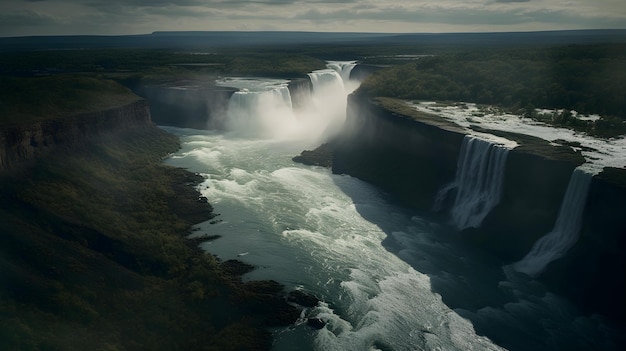 Ein Wasserfall in Island mit bewölktem Himmel