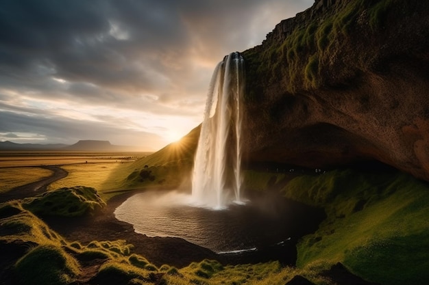 Ein Wasserfall in Island mit einem Sonnenuntergang im Hintergrund