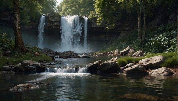 ein Wasserfall ist im Hintergrund und das Wasser ist im Vordergrund