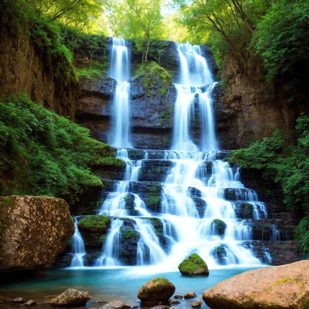 Ein Wasserfall ist von Bäumen umgeben und auf dem Grund steht das Wort Wasserfall.