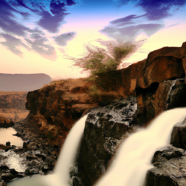 Ein Wasserfall ist von Felsen und einem bewölkten Himmel umgeben.