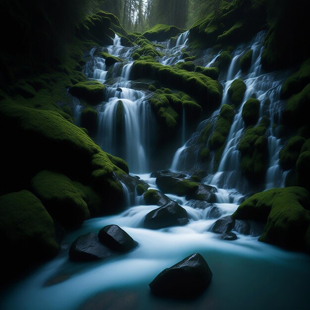 Ein Wasserfall ist von moosigen Felsen umgeben und das grüne Moos ist beleuchtet.