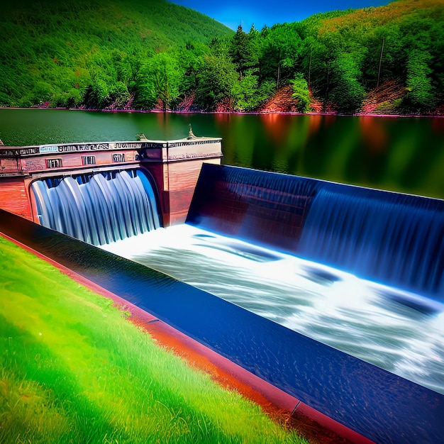 Ein Wasserfall liegt vor einem See und das Wasser ist blau.