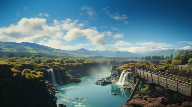 Foto ein wasserfall mit einem berg im hintergrund