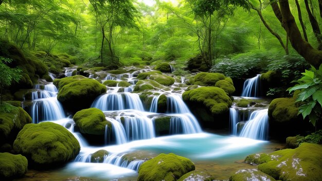 ein Wasserfall mit einem grünen Moosfelsen in der Mitte.