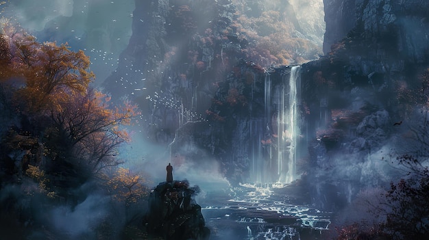 ein Wasserfall mit einem Mann, der vor einem Wasserfall auf den Felsen steht