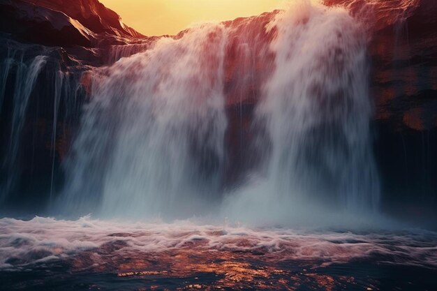 Ein Wasserfall mit einem Sonnenuntergang im Hintergrund