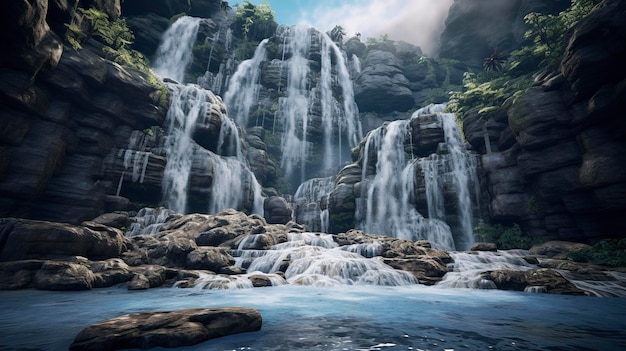 ein Wasserfall mit einem Wasserfall im Hintergrund und den Worten Wasserfall auf der Unterseite