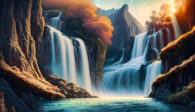 Ein Wasserfall mit einem Wasserfall im Hintergrund