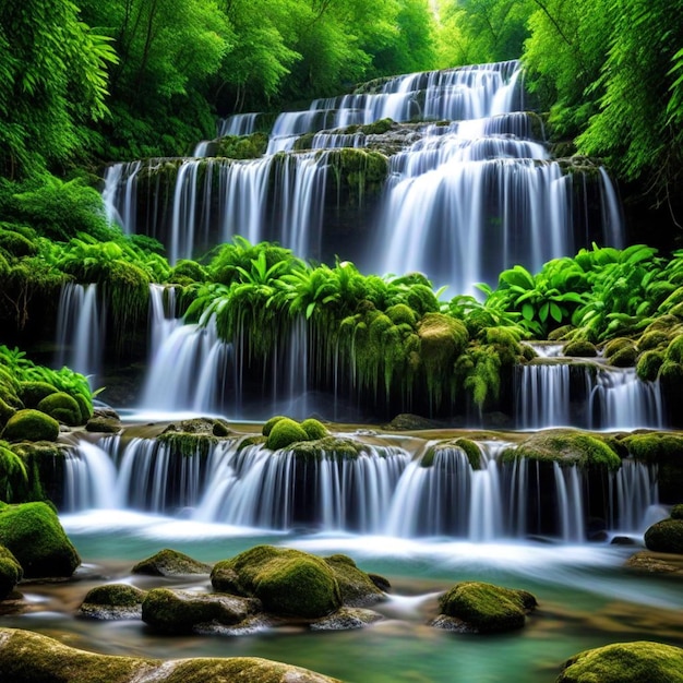 Foto ein wasserfall mit grünem hintergrund und einem wasserfall im hintergrund