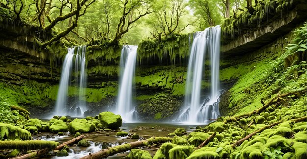 ein Wasserfall mit Moos auf den Felsen und Bäumen im Hintergrund