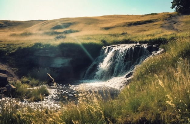 Ein Wasserfall stürzt einen großen Hügel neben einem Bach auf dem Feld hinunter