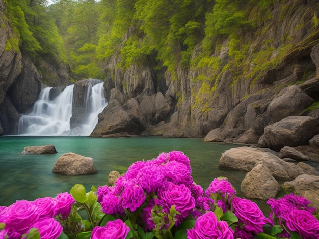 Ein Wasserfall und Blumen in einem grünen Wald