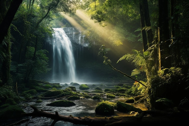 Ein Wasserfall versteckt in einem dichten Wald, Sonnenlicht, das durch den Baum schaut.