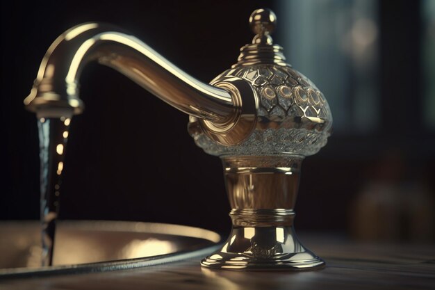 Ein Wasserhahn in einem Badezimmer mit einer Glasplatte.