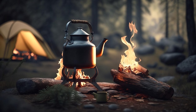 Ein Wasserkocher am Lagerfeuer im abendlichen Wald. Heißes Getränk in der Natur