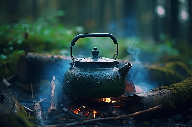 Ein Wasserkocher auf einem Lagerfeuer mit einem Feuer im Hintergrund