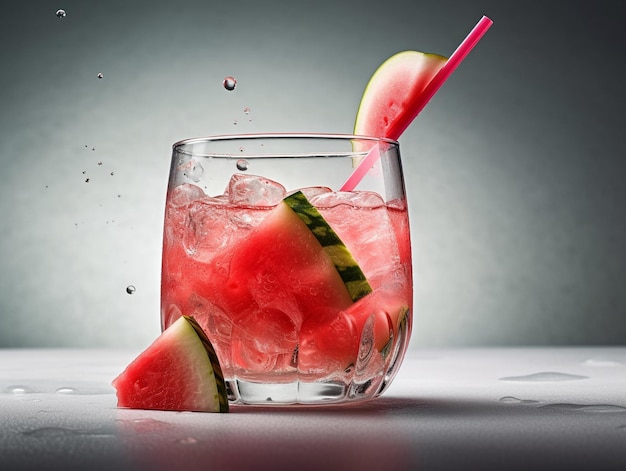 Ein Wassermelonencocktail mit einem Strohhalm darin und Wassermelone als Beilage.