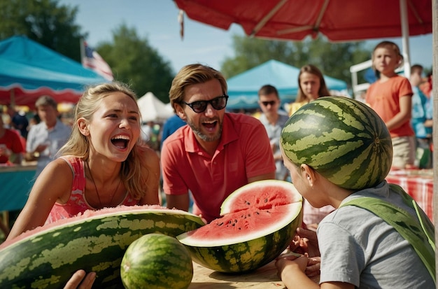 Ein Wassermelonenwettbewerb auf einer Sommermesse