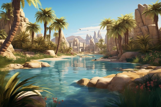 Ein Wasserspiel mit Palmen und einem Fluss mit einer Stadt im Hintergrund.