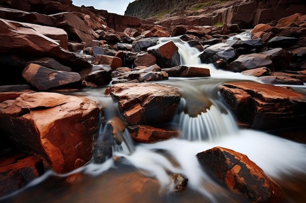 Foto ein wasserstrom, der über felsen in einer schlucht fließt