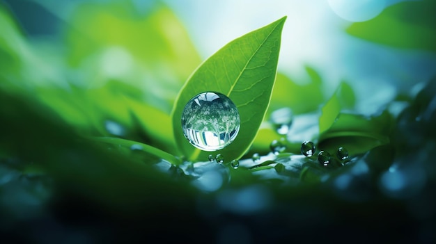 Ein Wassertropfen befindet sich auf einem Blatt mit dem Wort Wasser darauf