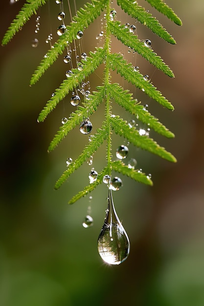 Ein Wassertropfen hängt an einem Farnblatt im Regenwald.