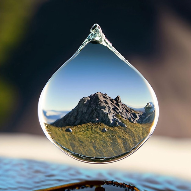 Ein Wassertropfen, in dem sich ein Berg befindet