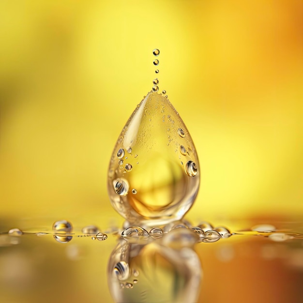 Ein Wassertropfen sitzt auf einer Blume mit gelbem Hintergrund