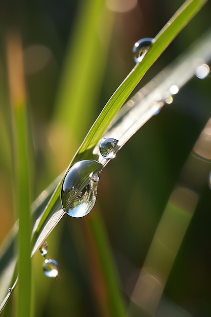 Ein Wassertropfen spiegelt sich im Gras.