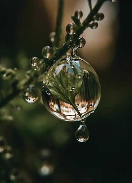 Ein Wassertropfen spiegelt sich in einem Blatt.