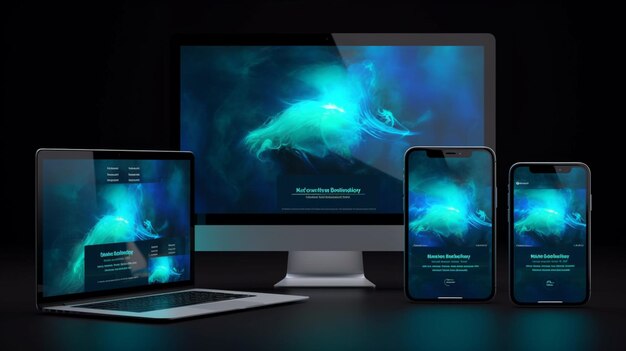 Foto ein web-interface-mockup auf telefon, tablet und desktop generative ai