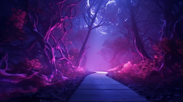 Ein Weg, der in einen violetten Wald voller Bäume führt