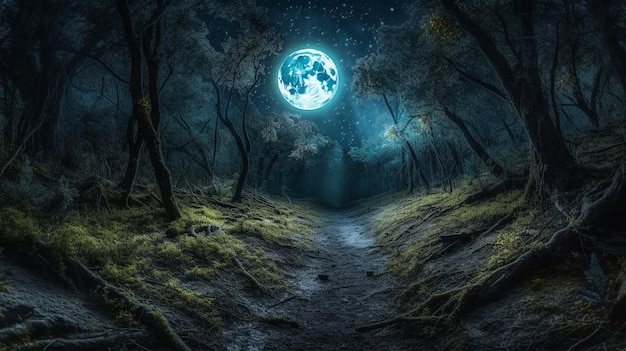 Ein Weg durch den Wald mit dem Mond am Himmel.