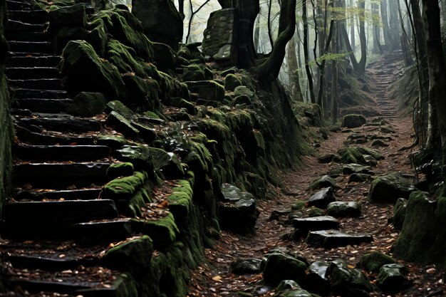 Foto ein weg durch den wald mit steinstufen und moosigen felsen