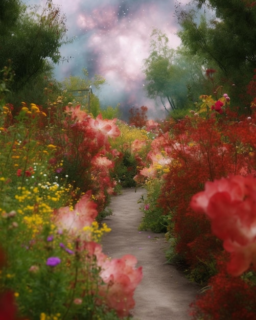 Ein Weg durch einen Garten mit Blumen und einem Himmelshintergrund