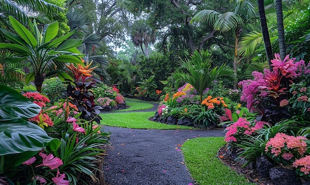 ein Weg durch einen Garten mit tropischen Pflanzen und Blumen