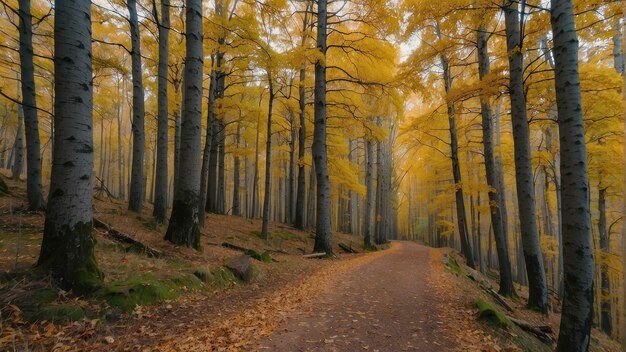 Ein Weg durch einen nebligen, herbstlichen, goldenen Wald