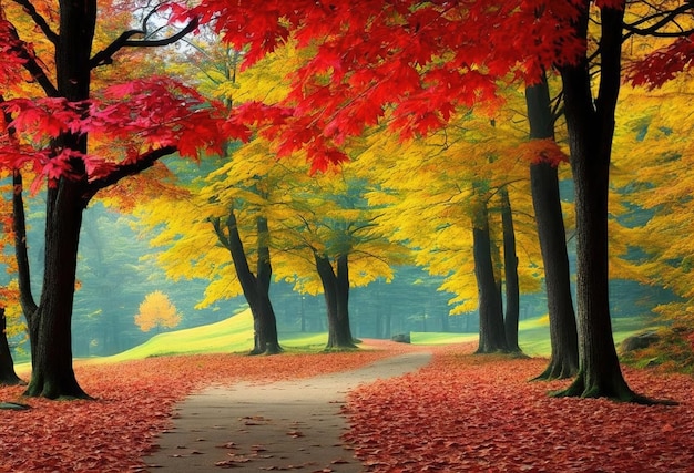 Ein Weg durch einen Park mit Herbstlaub darauf