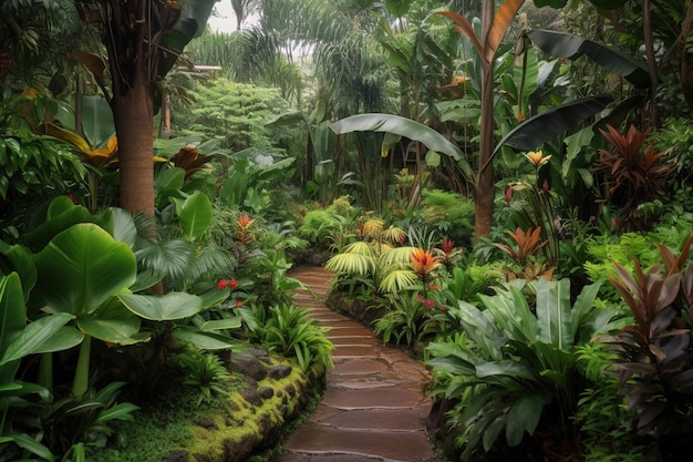 Ein Weg durch einen tropischen Garten mit tropischen Pflanzen und Bäumen.