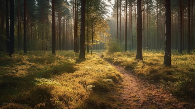 Ein Weg durch einen Wald, auf den die Sonne scheint