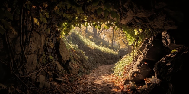 Ein Weg durch einen Wald mit einem Baum in der Mitte