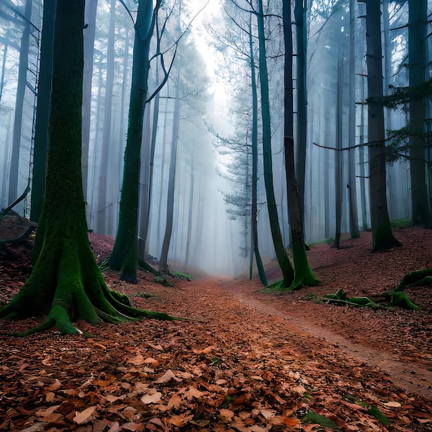 Ein Weg durch einen Wald mit Nebel und Bäumen