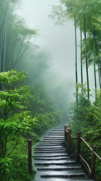 ein Weg im Dschungel mit Bambusbäumen und einem Holzzaun.