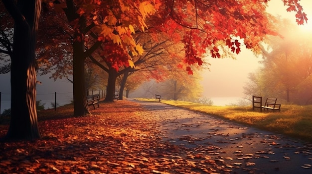 Ein Weg im Herbstpark mit einer Bank und einer Bank.