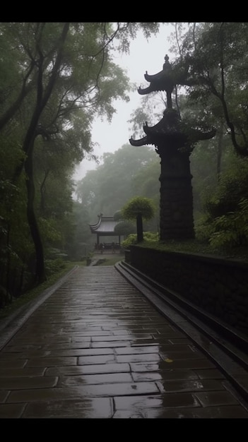 Ein Weg im Regen mit einer Steinsäule im Vordergrund und einer großen Steinsäule im Hintergrund.