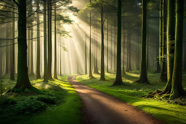 Ein Weg im Wald, durch die Bäume scheint die Sonne.