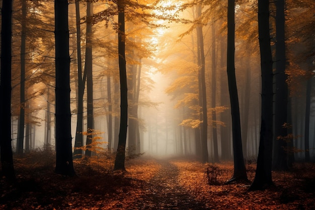 ein Weg im Wald mit einem nebligen Herbsthintergrund.