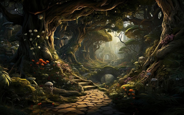 ein Weg im Wald mit einem Weg, der zum Wald führt.