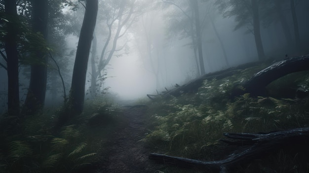 Ein Weg im Wald mit eingeschaltetem Licht